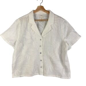 Joie Linen Button Up Shirt Top Floral Embroidered Short Sleeve White Large